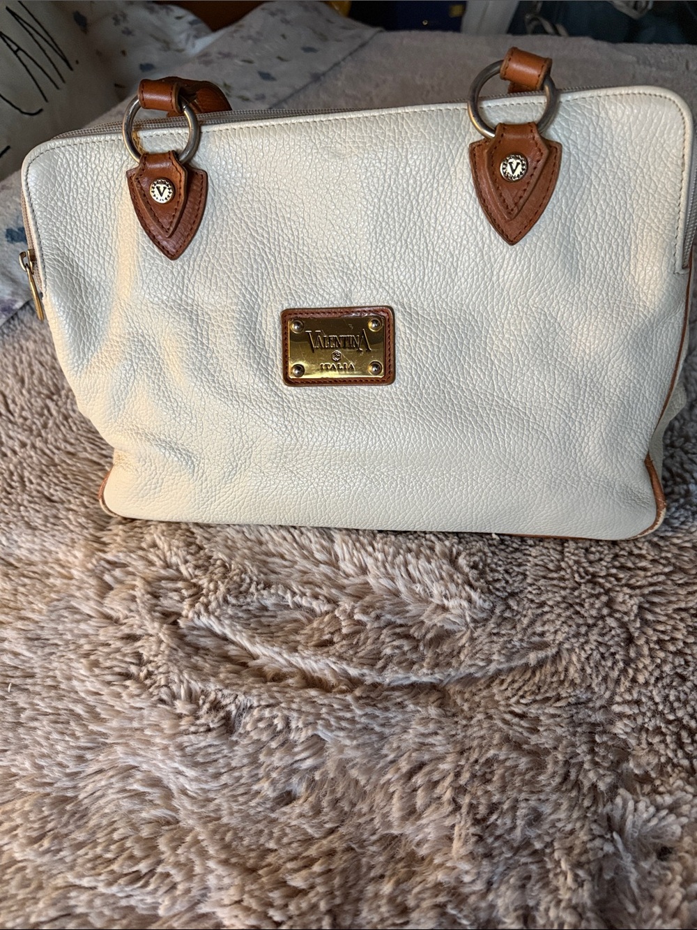 Valentina Cream Satchel with Tan Accents and Gold Plate